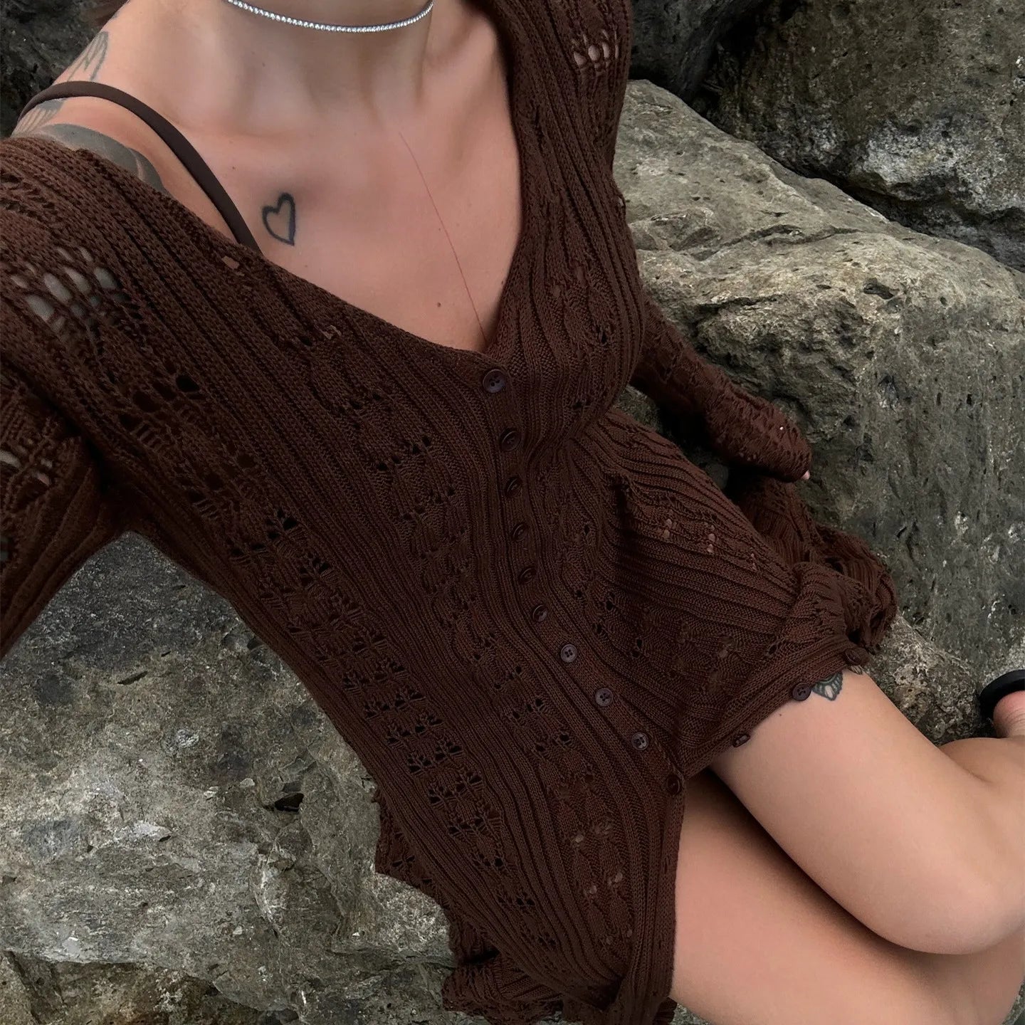 hirigin Button Front Long Sleeve Sheer Open-knit Long Cover-up Jacket Women Autumn Beach Vacation Outfit Maxi Cardigan B