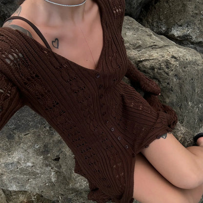 hirigin Button Front Long Sleeve Sheer Open-knit Long Cover-up Jacket Women Autumn Beach Vacation Outfit Maxi Cardigan B