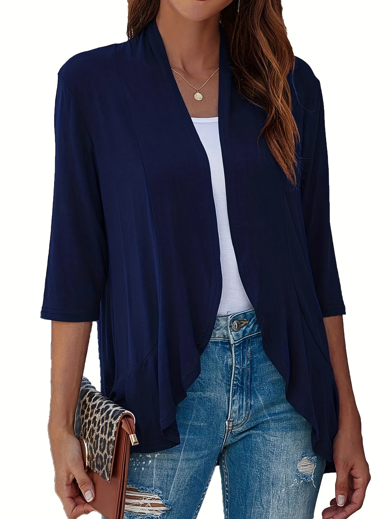 Plus Size V-neck Loose Pleated Cardigans Casual Frill Solid 3/4 Sleeve Spring Summer Fall Cardigan Plus Size Women's Clothing Navy Blue