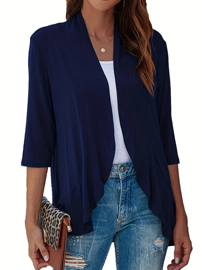 Plus Size V-neck Loose Pleated Cardigans Casual Frill Solid 3/4 Sleeve Spring Summer Fall Cardigan Plus Size Women's Clothing Navy Blue
