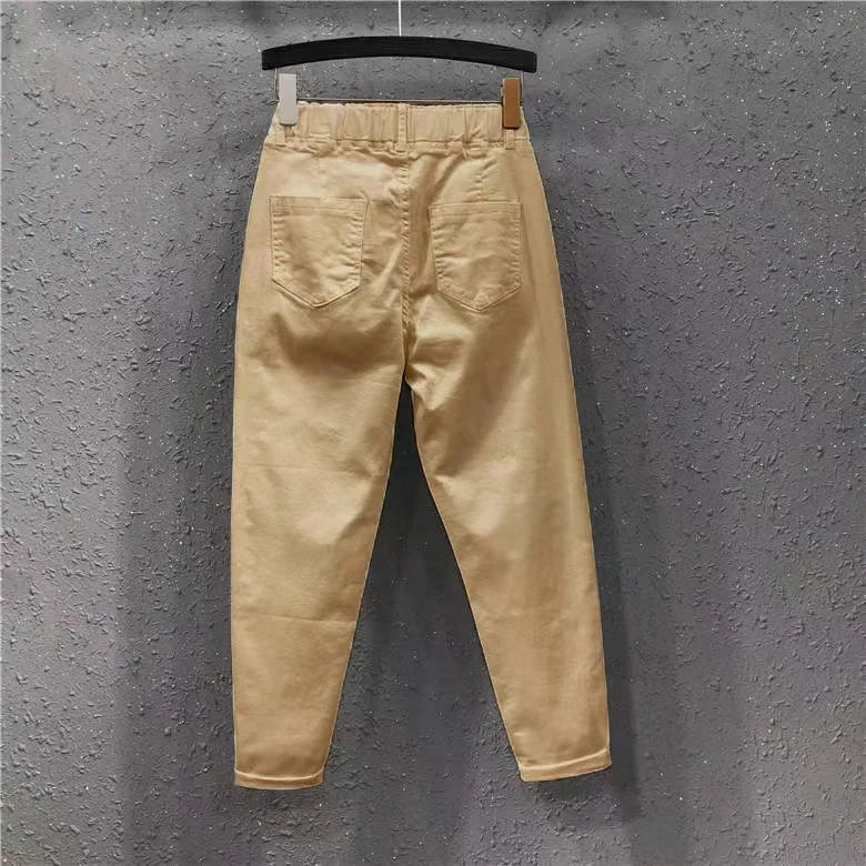 New Spring Summer Women Casual Harem Pants All-matched Casual Cotton Denim Pants Elastic Waist Solid Yellow White Jeans Female