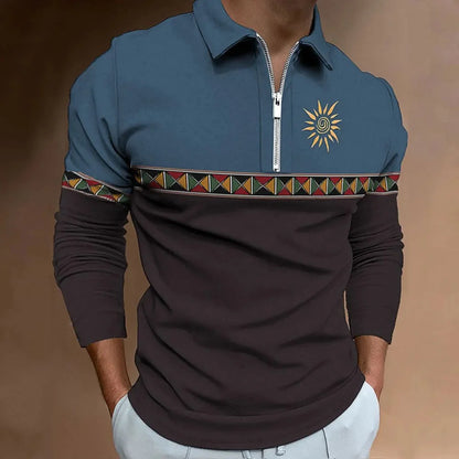 Retro Color Block Men's Polo - Stylish Long Sleeve Golf Shirt with Zipper
