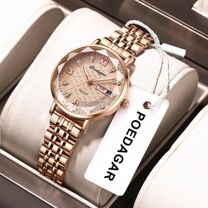 POEDAGAR Original Luxury Women Watch Week Date Waterproof Luminous Stainless Steel Woman Watches Simple Trendy Ladies Wristwatch