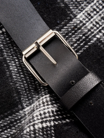 Dressfo Womens Asymmetic Hem Plaid Skirt Buckle Strap Detail Casual Midi A Line Dress Black Skirts 2024 New