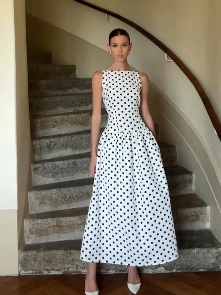 Fashion Polka Solid Slim Vestido Lady Elegant Chic Sleeveless Off Shoulder Pleat Square Neck Maxi Dress Summer Dinner Party Wear