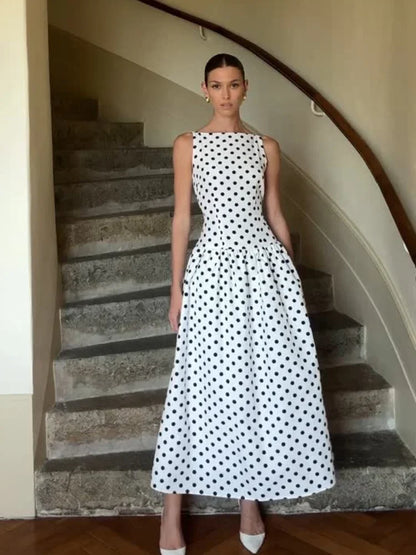 Fashion Polka Solid Slim Vestido Lady Elegant Chic Sleeveless Off Shoulder Pleat Square Neck Maxi Dress Summer Dinner Party Wear