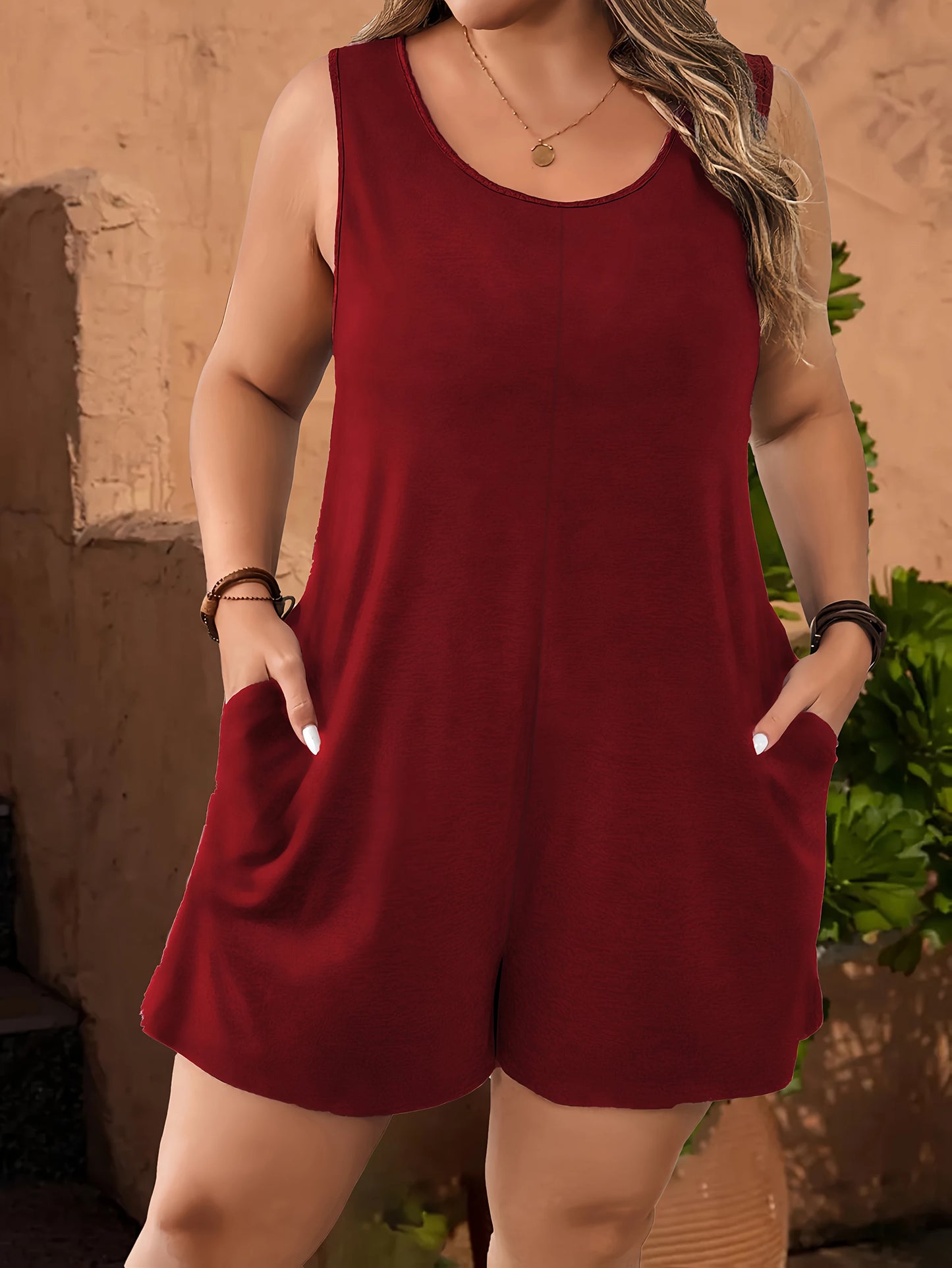 Chic Plus Size Solid Vest Romper - Round Neck Jumpsuit with Pockets, Elegant Casual Summer Outfit for Women Red