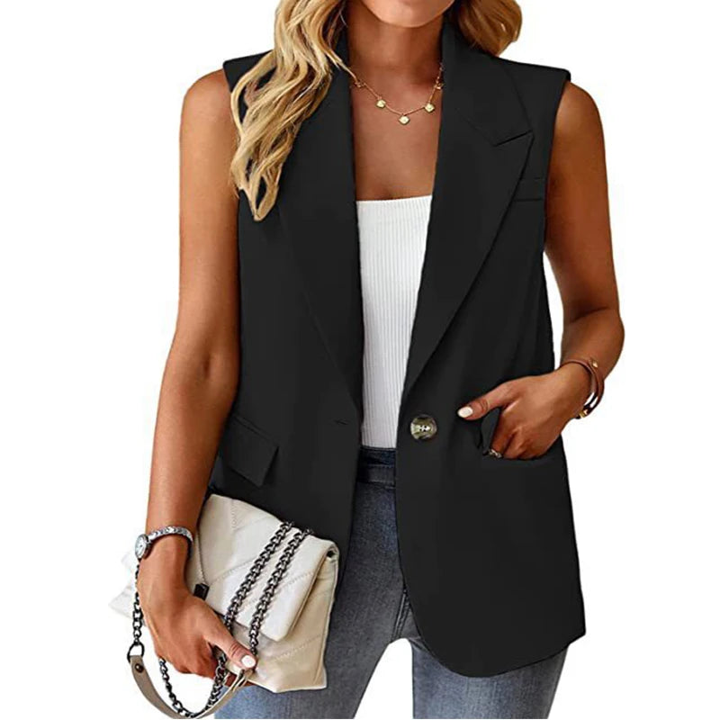 Plus Size European and American Spring/Summer Style Commuting Casual Sleeveless cardigan vest Vest Vest Women's suit black