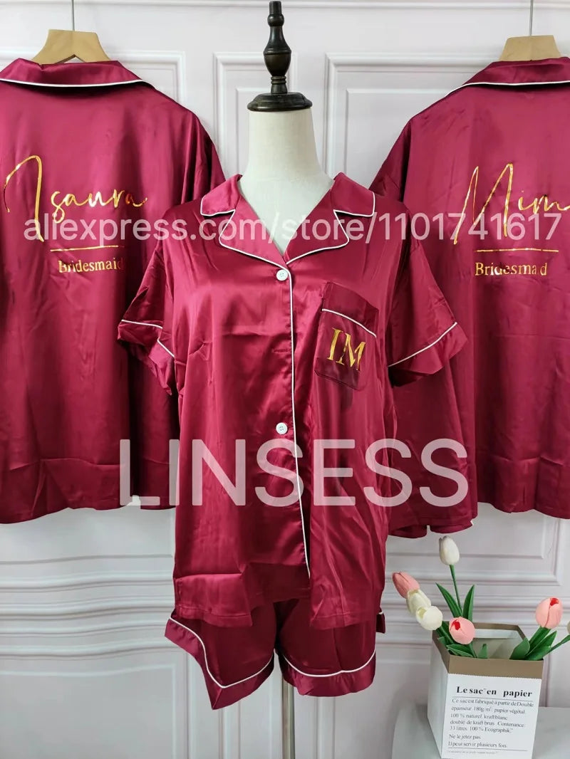Monogram Bridesmaids Bridal Party Pyjamas Personalized Silky Satin Pajamas Bride and Bridal Squad Silk Satin Wedding Pyjama Set