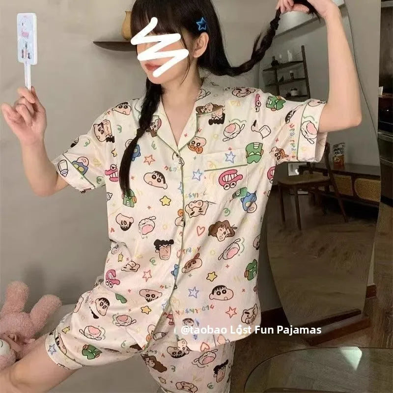 Summer ort Sve Cartoon Pencil Sketch Home Clothes Two-Piece Set for Women Cute Student Spwear Sweet Sle