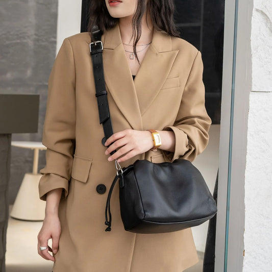 Ladies' New Premium Full-Grain Wrinkled Leather Crossbody Bag - Women's Chic Shoulder Commuter Bag with Organizer Pockets