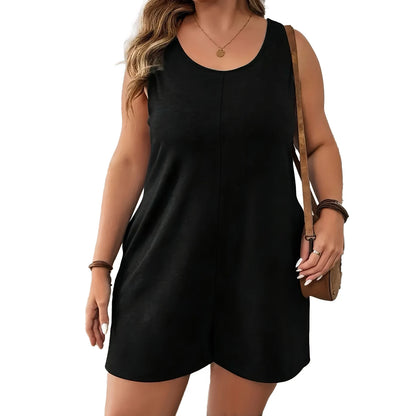 Chic Plus Size Solid Vest Romper - Round Neck Jumpsuit with Pockets, Elegant Casual Summer Outfit for Women black