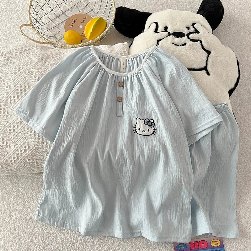 Summer New Cloud Cotton round Ne Button Sweet Cartoon Spwear Two-Piece Set Lightweight Comfortable Student Home Clothes
