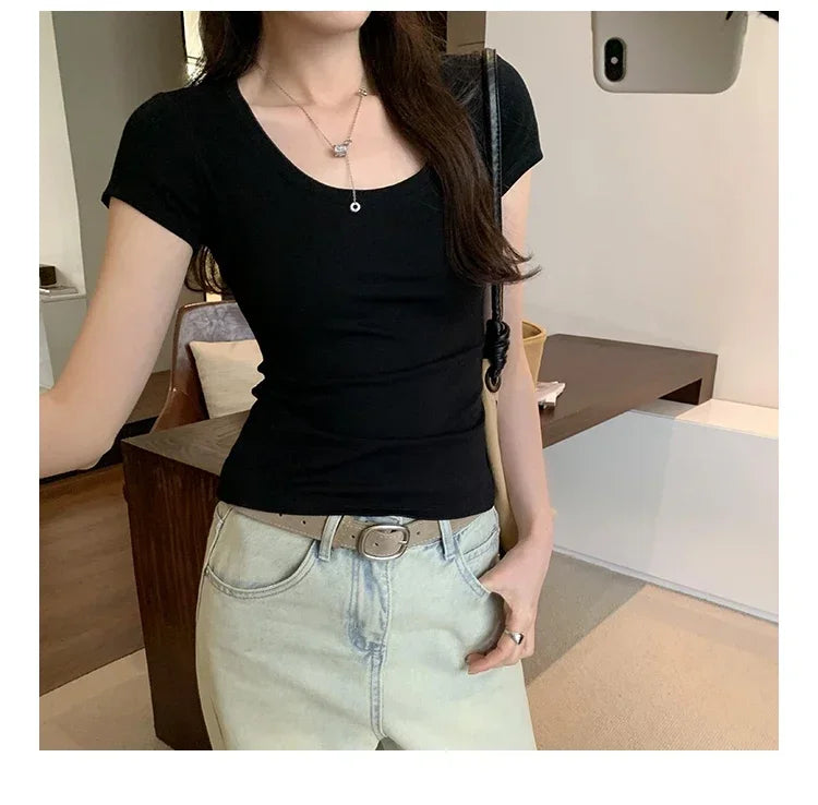 Femme 2025 Summer Casual Cotton T Shirt For Women Short Sleeve Tshirts Fashion Womens Clothing Slim Basic O Neck Y2K Tee Shirt