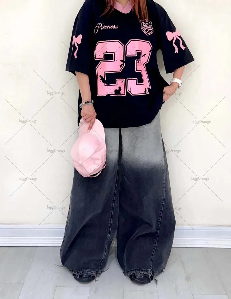 Y2K Harajuku Trendy Streetwear Top American Retro Digital Striped Print V-neck T-shirt Hip-hop Goth Casual Loose Jersey Women