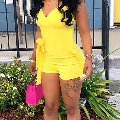 Ruffle Deep V Neck Summer Romper Sexy Bow Tie Short Jumpsuit Women Sleeveless Casual Playsuit Overalls Rompers Yellow