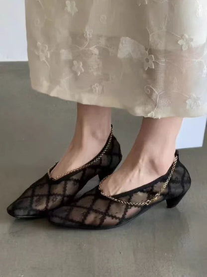 2025 New Lace Mesh Breathable Single Shoes Women's Summer French Square Toe Slip-On Chain Mary Jane Flats