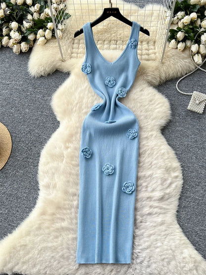 SINGREINY Knitted 3D Flower Chic Dress Sleeveless Slim Solid Elastic Sundress Women Summer Casual Fashion Bodycon Long Dresses blue One Size