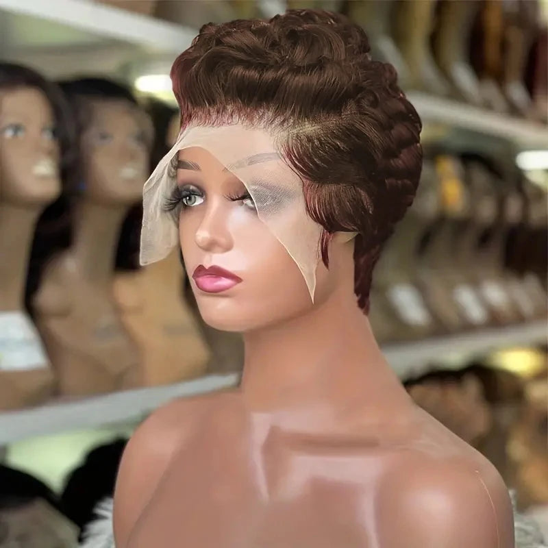 Pixie Curly 100% Human Hair Wig 13x4 Short Bob Wig Pixie Cut #350 Colored 99J  Lace Frontal Human Hair Wigs for Black Women - Badiee Stylez