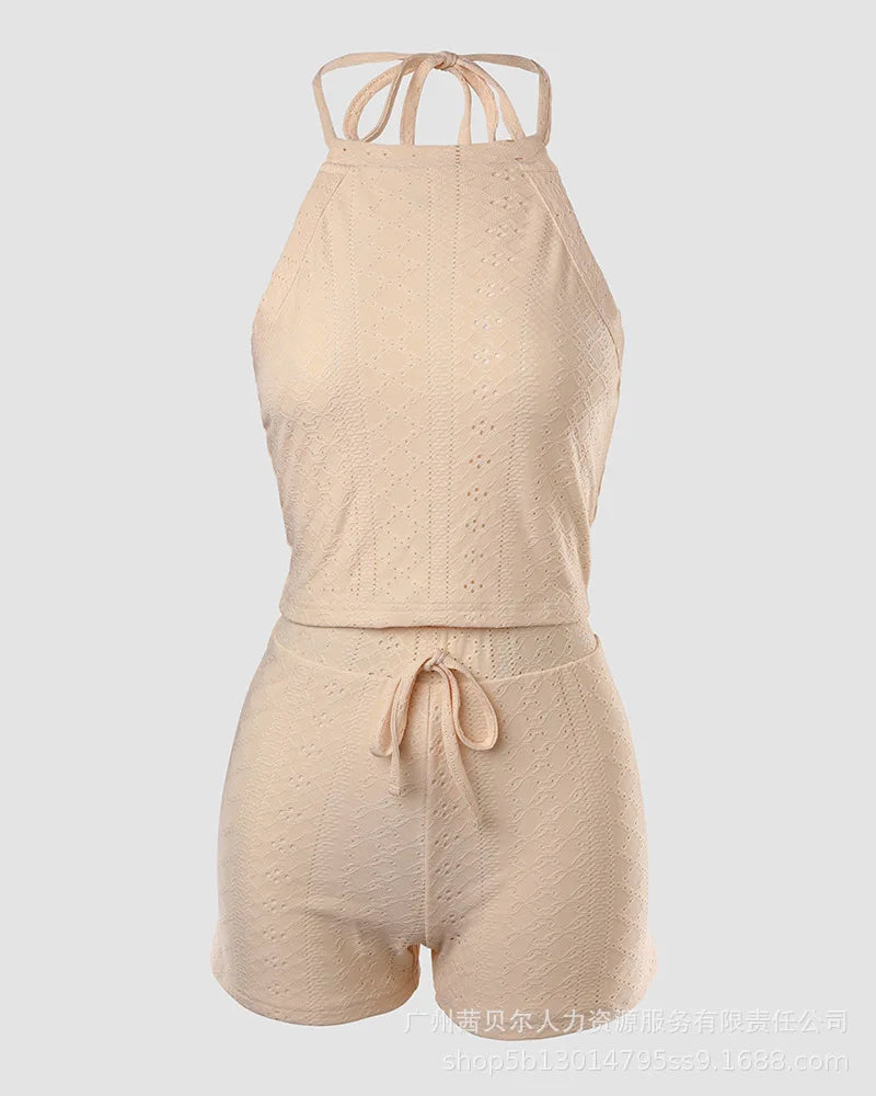Geometric Patttern Halter Top & Drawstring Shorts Set Sleeveless Tank Top High Waist Shorts Pants 2pcs Clothes Set