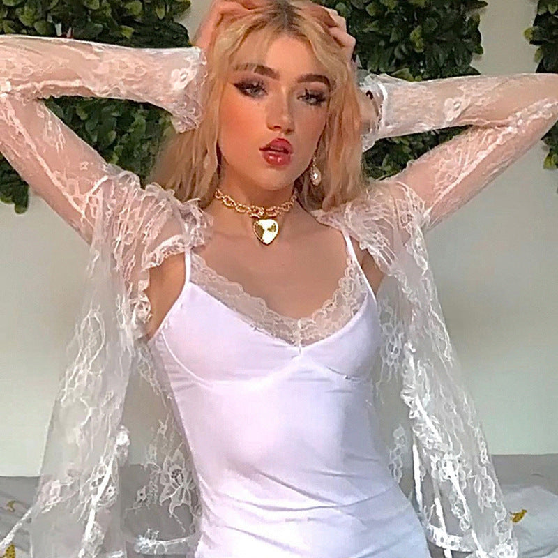 Women Sexy See Through Cardigans Y2K Long Sleeve Lace Mesh Lace Vintage Lace Tie Up Floral Crop Tops Streetwear Cardigans