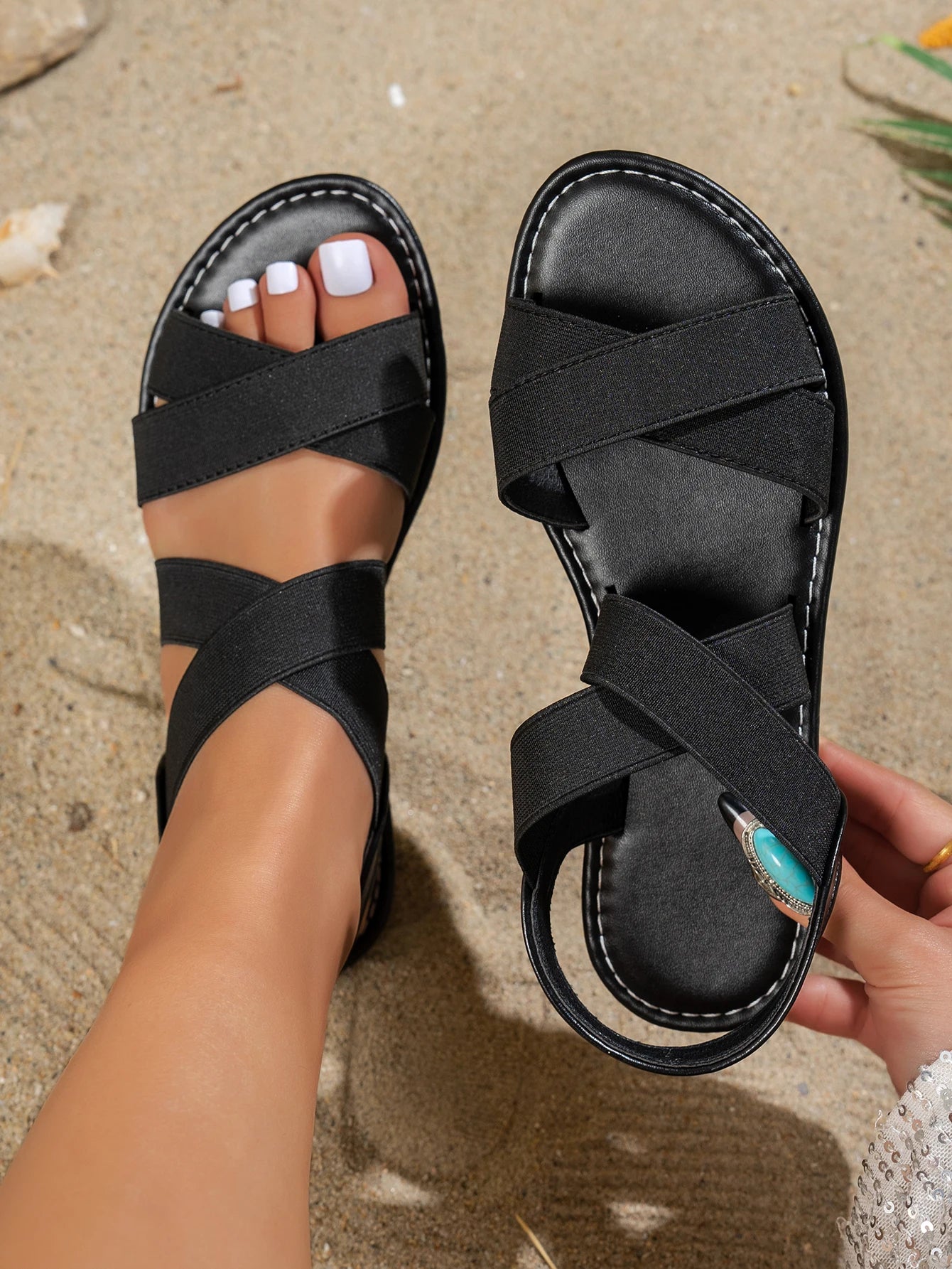 Simple and classic flat sandals, elastic band fashionable and versatile sandals