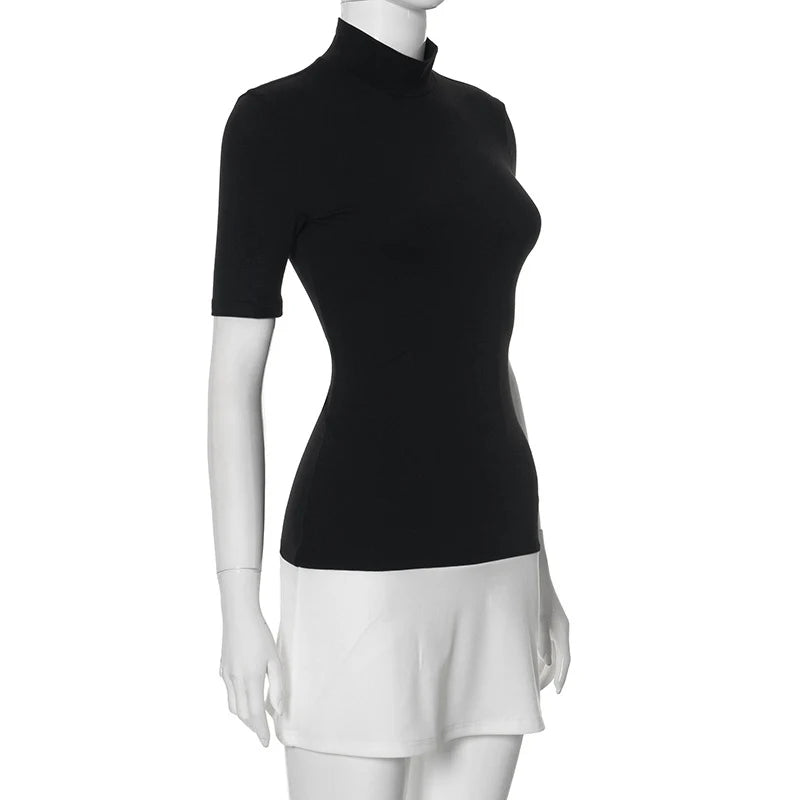 Summer 2025 Turtleneck Half Sleeve Mini Dresses French Style Fashion Elegant Black And White Patchwork Bodycon Dress