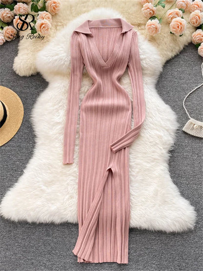 SINGREINY Women Korean Knitted Dress Long Sleeve V Neck Elastic Slim Pencil Dresses 2021 Autumn Sexy Bodycon Split Sweater Dress dark pink One Size