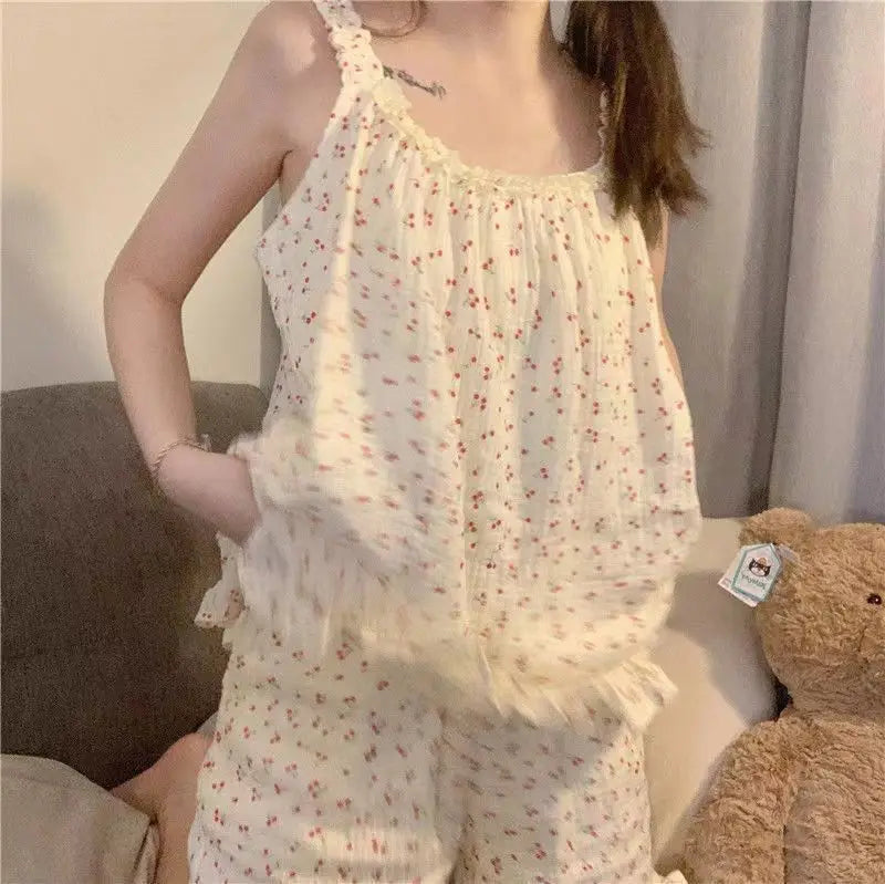 Pajamas Set for Women Sexy Home Clothing Sleepwear Tank Top Suit Shorts Cute Underwear Soft Nightwear Sleeveless Lace Loungewear