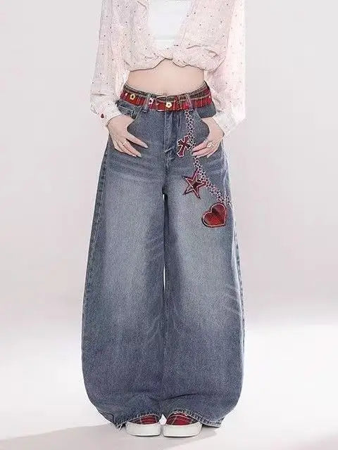 Y2K fashion retro cartoon embroidered women wide-leg jeans casual Harajuku loose pants street personality high-waisted jeans