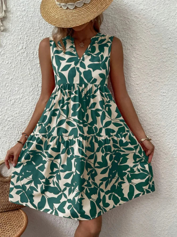 Women Boho Print Mini Dress Summer Elegant Sleeveless V Neck Ruffle A Line Tank Dress Casual Loose Oversize Beach Party Sundress green
