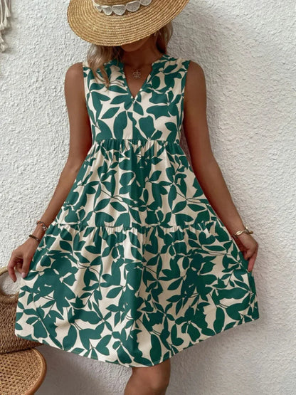 Women Boho Print Mini Dress Summer Elegant Sleeveless V Neck Ruffle A Line Tank Dress Casual Loose Oversize Beach Party Sundress green