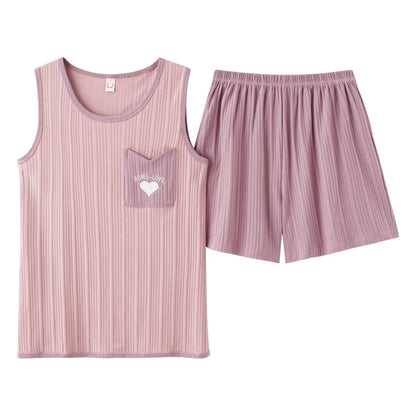 Women Pajamas Set Summer Sexy Sleepwear Sleeveless Lingerie Cotton O-Neck Pure Color Vest + Print Shorts 2 Piece Sets 4XL пижама FB-Y4583