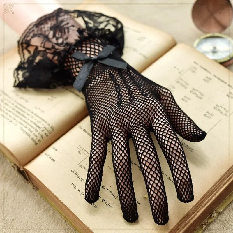 Girls Lolita Lace Hollow Out Gloves Women Ceremony Etiquette Mesh Thin Mittens Gothic Punk Sexy Glove Black White Soft Elastic