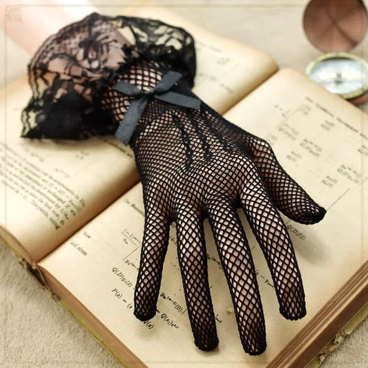 Girls Lolita Lace Hollow Out Gloves Women Ceremony Etiquette Mesh Thin Mittens Gothic Punk Sexy Glove Black White Soft Elastic
