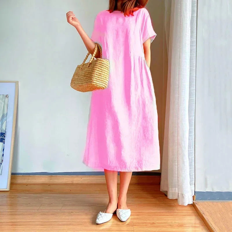 New in Spring Summer Women's Dress Elegant Casual Loose Short Sleeve Tops A-LINE Oversize Solid Midi Dresses for Women Clothing Badiee Stylez
