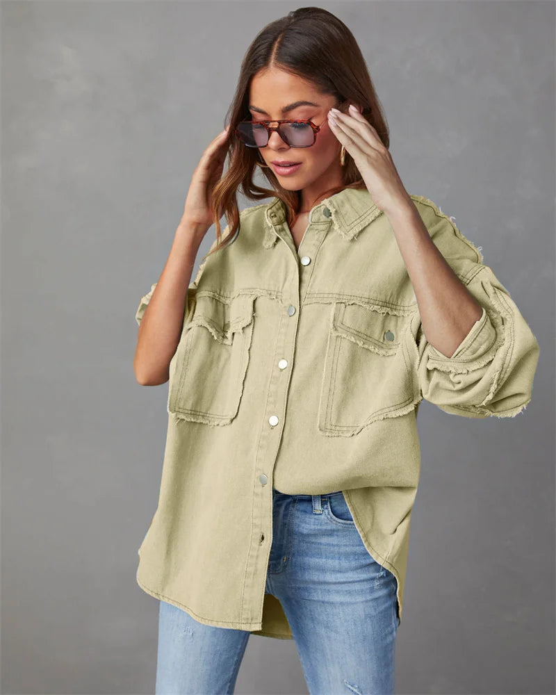 2025 Spring Autumn Shirt Style Denim Jacket Women Holes Raw-edges Jeancoat Casual Tops Female Oversize Loose Outerwear 7 Colors