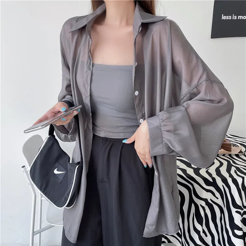 Semi Sheer Long Sleeve Shirt for Women Shimmer Button Down Collared Plain Lightweight Shirt Spring Summer Chic Tops Outfit GRAY One Size