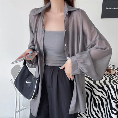 Semi Sheer Long Sleeve Shirt for Women Shimmer Button Down Collared Plain Lightweight Shirt Spring Summer Chic Tops Outfit GRAY One Size