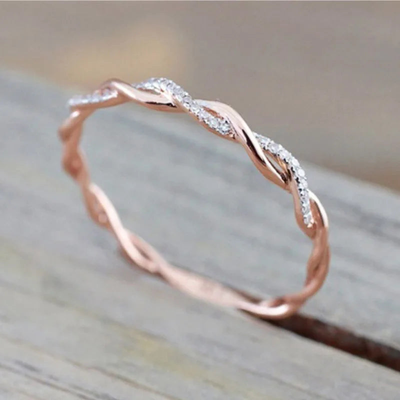 Huitan Simple Stylish Women Thin Rings Fancy Twist Band Shiny Crystal Cubic Zircon Daily Wear Versatile Jewelry Minimalist Gift