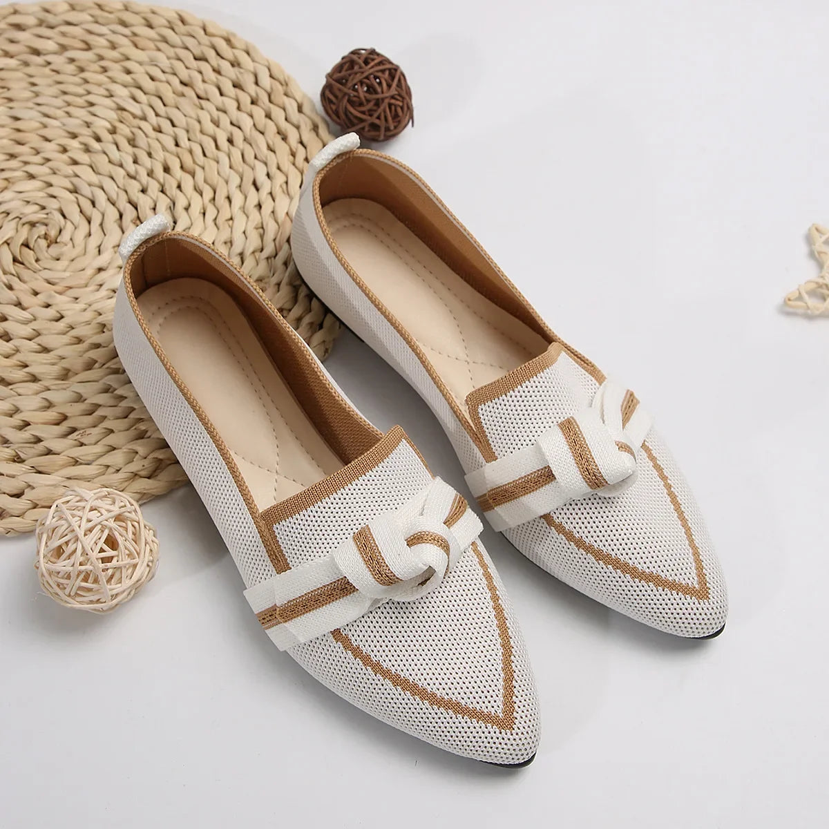 Women Flat Woven Breathable Shoes Female Spring Flats Pointed Toe Slip-on Single Shoes Woman Fashion Casual Bow Low Heel Loafers White