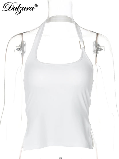 Dulzura Sleeveless Halter Side Slit Top With Button Sexy Casual Tank Party Club Streetwear Women’S Autumn Winter Clothes