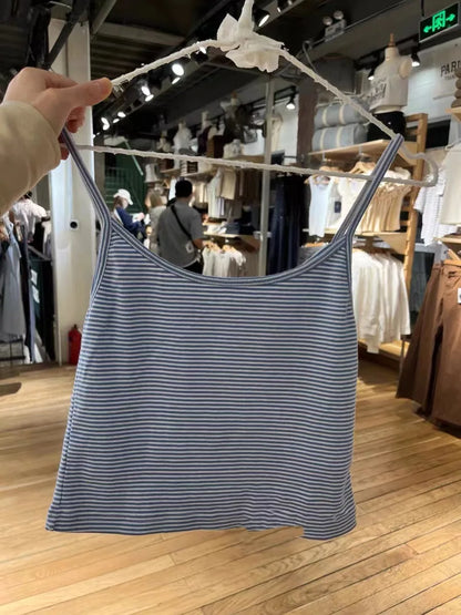 Blue Striped Tank Shorts Pajama Set Women Summer Sleeveless Crop Top+Elastic Waist Straight Short Pant Cotton Home 2 Piece Sets Only top One Size