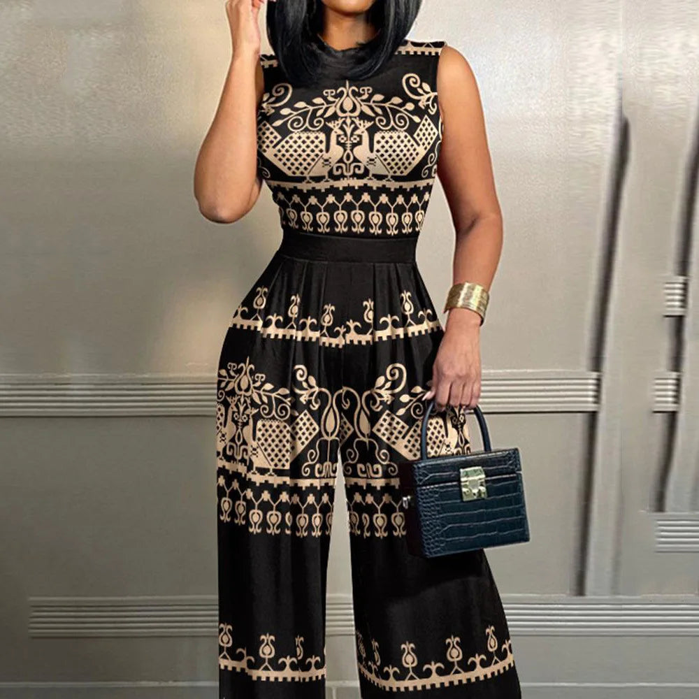 Elegant Women Wide Leg Long Juumpsuit 2024 Spring Summer Fashion Printed Sleeveless Casual Holiday Bodysuits Jumpsuits Trousers