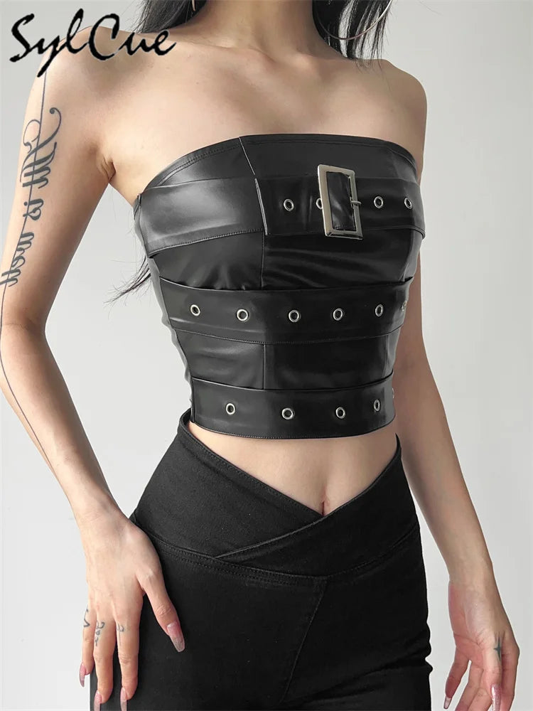 Sylcue Classic Retro Matte Black Mysterious Sexy All-Match Personality Fashionable Summer Travel Cool Women Belt Chest Wrap Vest