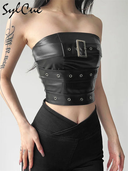Sylcue Classic Retro Matte Black Mysterious Sexy All-Match Personality Fashionable Summer Travel Cool Women Belt Chest Wrap Vest