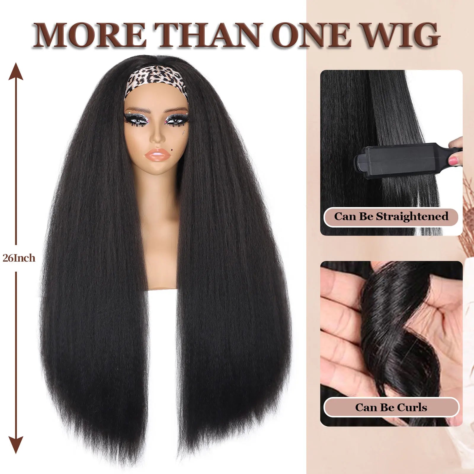 Kinky Straight Headband Synthetic Wig for Women Yaki Straight Wigs with Black Headband Hair Easy to Style No Lace Front No Glue