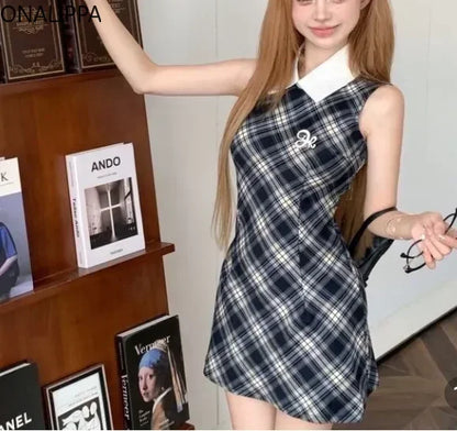 Onalippa Vintage Plaid Mini Dress Women Waist Belt Polo Collar Sleeveless A Line Dresses High Street Contrast Vestidos Blue CHINA