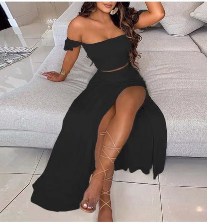 Fashionable Bohemian Two-piece Set Women's Off-shoulder Elastic Solid Color Vest With Floral Print High Waist Slit Skirt Set