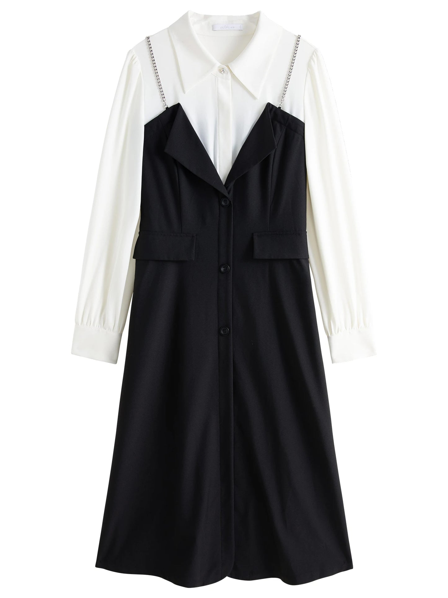 DUSHU Women Autumn Long SLeeve Dresses Office Lady Temperament Polo Neck A-LINE Long Dress Fake Two Patchwork Dress 24DS83358